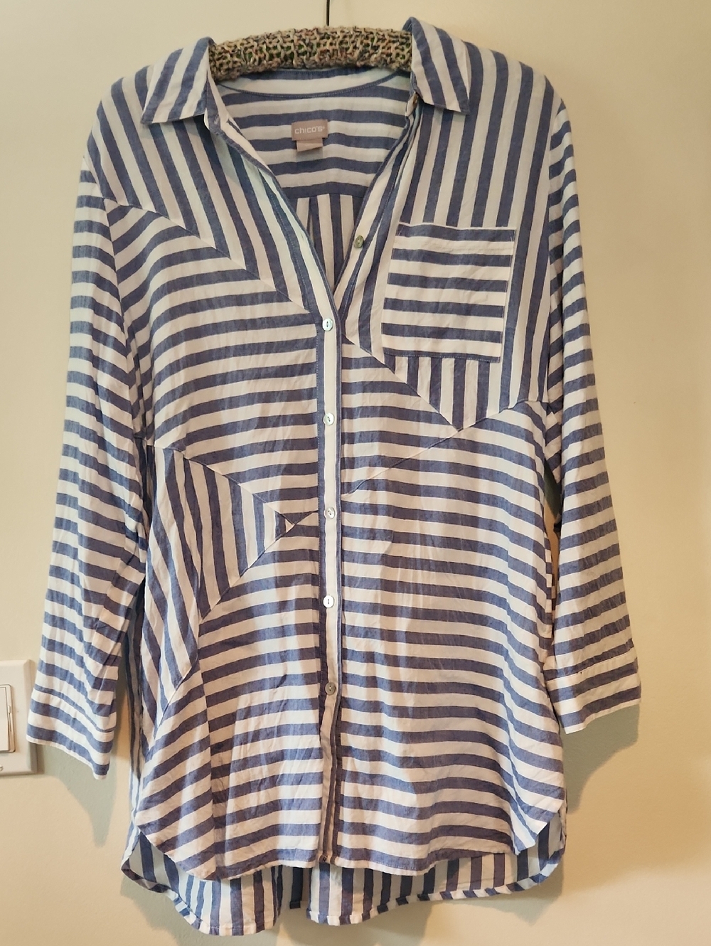Chico's Navy and White Striped Shirt with Logo Tag